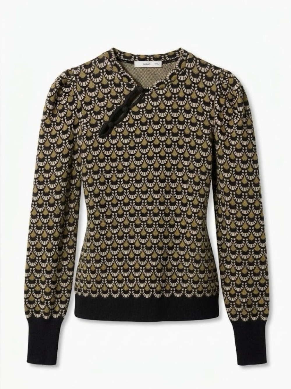 Black Patterned Sweater with Olive Accents